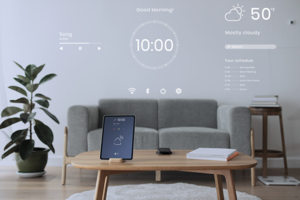 digital tablet screen with smart home controller on a wooden tab